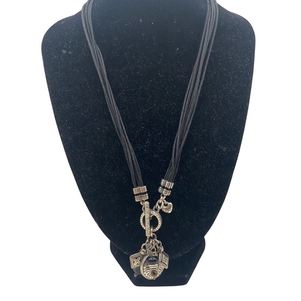 Signed Brighton Black Cord Necklace Multi Silver Plated Charms Toggle Clasp 17" - Picture 3 of 7